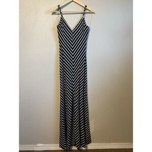 IRIS Black/White Striped V-Neck Strappy Sleeveless Maxi Dress Women's M